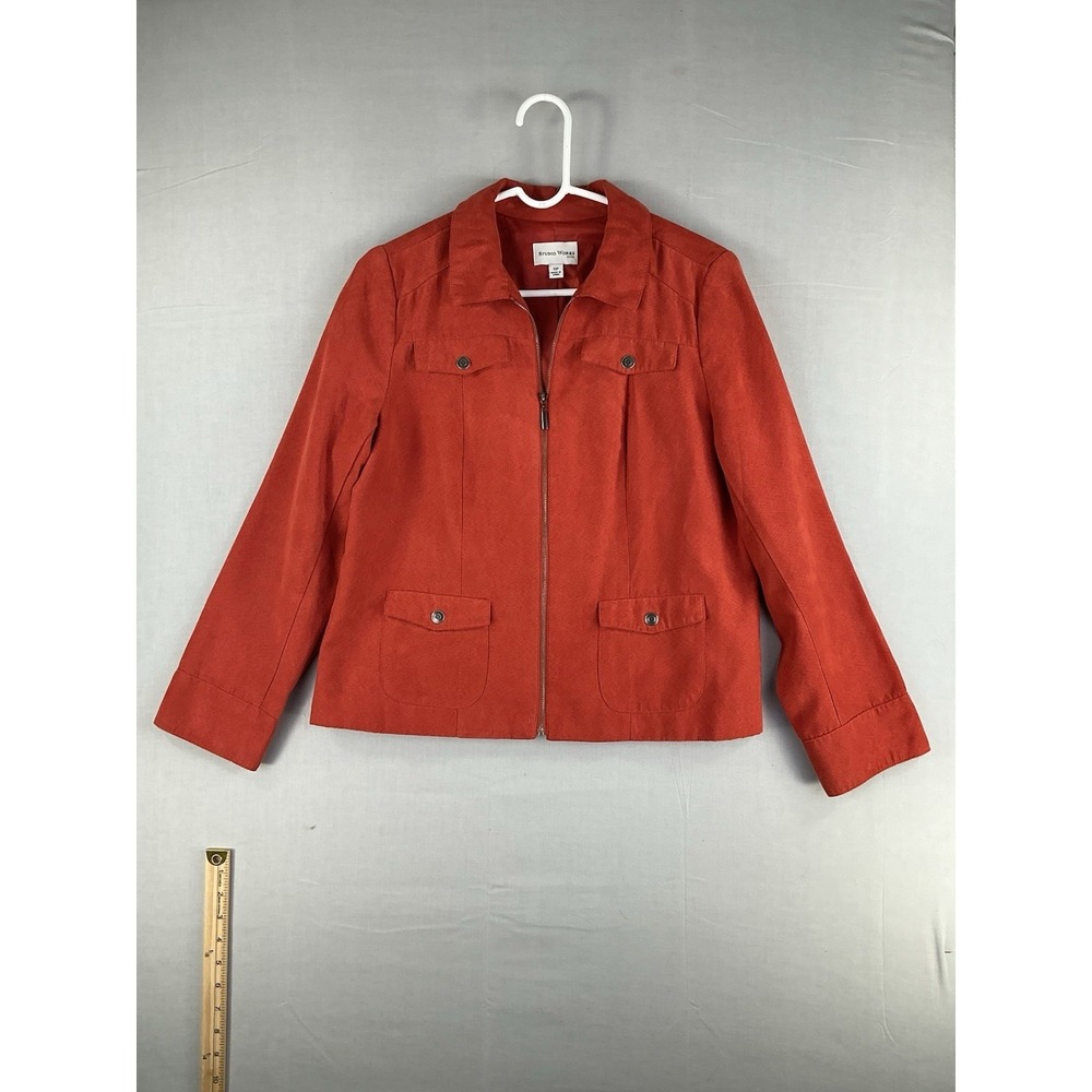 Studio‎ Works Petite 10P Orange Zip Front Jacket Button Pocket Blazer